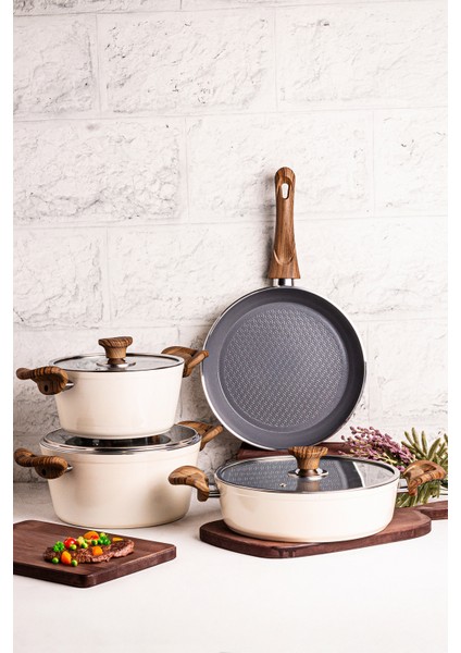 Mango Kitchen Aqua Crystal - 7 Parça Granit Tencere Seti Krem Mastercook Yapışmaz Tencere Tava Seti