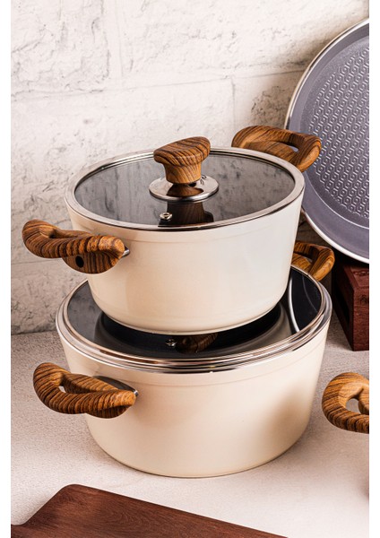 Mango Kitchen Aqua Crystal - 7 Parça Granit Tencere Seti Krem Mastercook Yapışmaz Tencere Tava Seti fiyatları