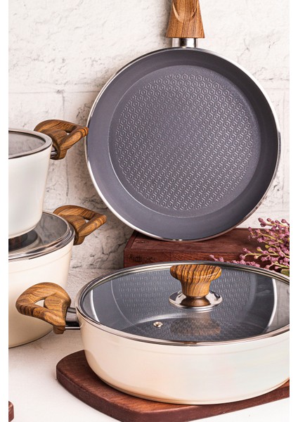 Mango Kitchen Aqua Crystal - 7 Parça Granit Tencere Seti Krem Mastercook Yapışmaz Tencere Tava Seti