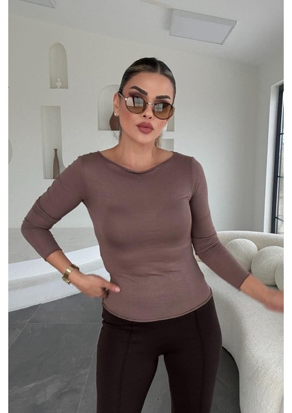Kayık Yaka Transparan Bluz Sütlü Kahve fiyatları