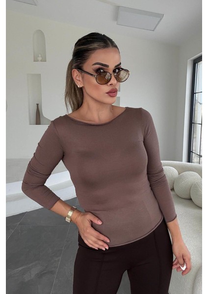 Kayık Yaka Transparan Bluz Sütlü Kahve modelleri