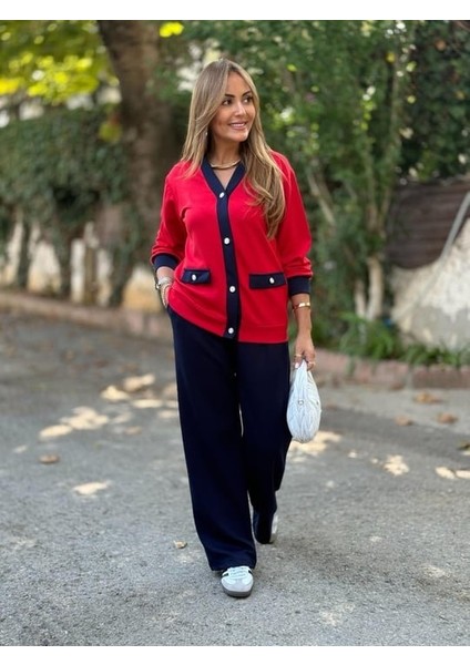 Kadın Uzun Kollu Ribanali Cep Detay Hırka ve Bol Paça Pantolon Ikili Takım fırsatları