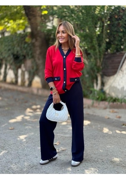 Kadın Uzun Kollu Ribanali Cep Detay Hırka ve Bol Paça Pantolon Ikili Takım indirimleri