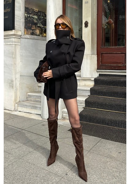 Siyah Ek Parça Yaka Detaylı Kaşe Kaban - 1125 fiyatları