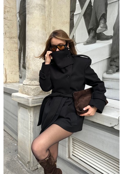 Siyah Ek Parça Yaka Detaylı Kaşe Kaban - 1125 fırsatları