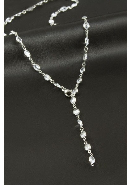 Oval Zirkon Taşlı Çelik Y Kolye