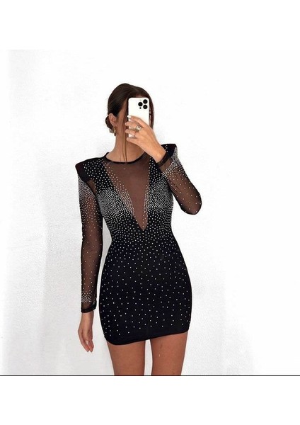 Kadın Uzun Kollu Yuvarlak Yaka Dekolteli Taşlı Dalgıç Elbise