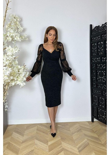 M1991 Kol Detaylı Kruvaze Örme Elbise Siyah