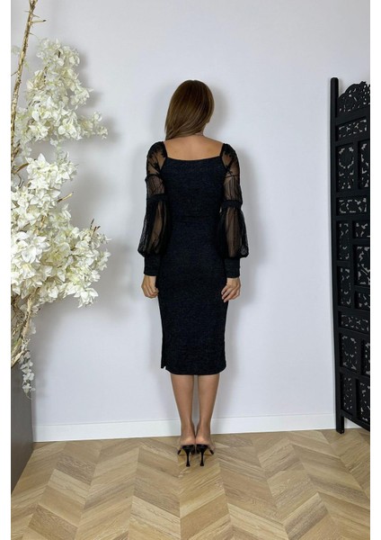 M1991 Kol Detaylı Kruvaze Örme Elbise Siyah