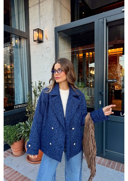 Indigo Inci Düğmeli Astarlı Yün Karışımlı Oversize Ceket