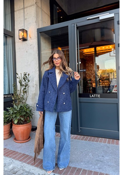 Indigo Inci Düğmeli Astarlı Yün Karışımlı Oversize Ceket fiyatları