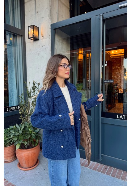 Indigo Inci Düğmeli Astarlı Yün Karışımlı Oversize Ceket modelleri