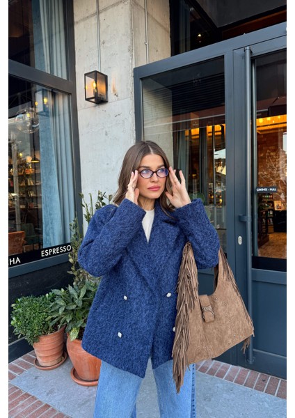 Indigo Inci Düğmeli Astarlı Yün Karışımlı Oversize Ceket indirimleri