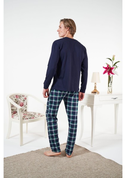 Erkek Lacivert Altı Ekose Penye Pijama Takımı - 25411R fiyatları