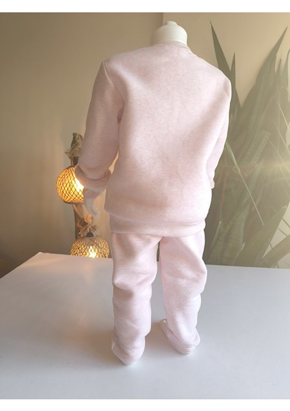 Kız Çocuk Peluş Detaylı Kabartmalı Kalın Takım Cepli %100 Pamuk Kalpli