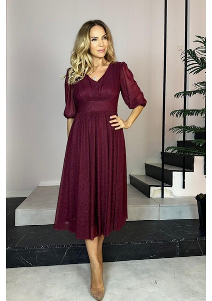M1986 Simli V Yaka Elbise Bordo modelleri