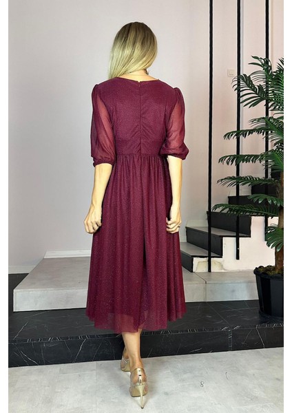 M1986 Simli V Yaka Elbise Bordo fırsatları
