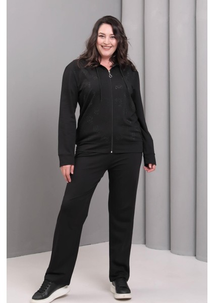 Kadın Büyük Beden Siyah, Fermuar Kapama Taş Işli, Cepli Pantolon, Kapüşonlu Eşofman Takım 65N39225