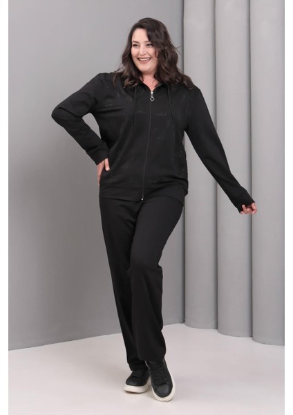 Kadın Büyük Beden Siyah, Fermuar Kapama Taş Işli, Cepli Pantolon, Kapüşonlu Eşofman Takım 65N39225 fiyatları