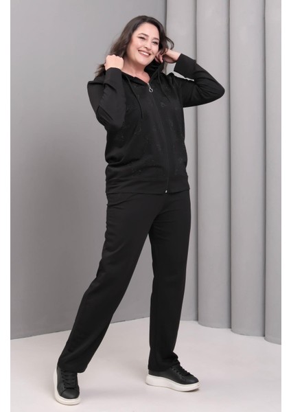 Kadın Büyük Beden Siyah, Fermuar Kapama Taş Işli, Cepli Pantolon, Kapüşonlu Eşofman Takım 65N39225 modelleri