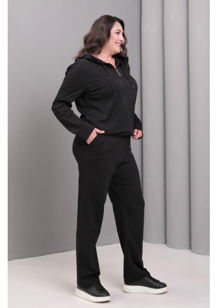 Kadın Büyük Beden Siyah, Fermuar Kapama Taş Işli, Cepli Pantolon, Kapüşonlu Eşofman Takım 65N39225 fırsatları