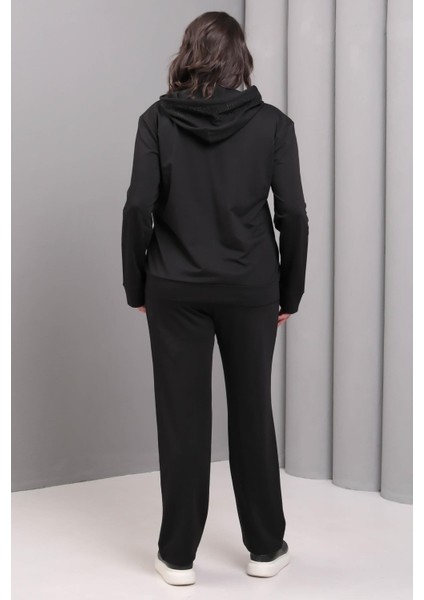 Kadın Büyük Beden Siyah, Fermuar Kapama Taş Işli, Cepli Pantolon, Kapüşonlu Eşofman Takım 65N39225 indirimleri