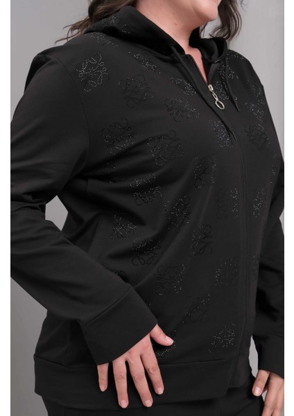 Kadın Büyük Beden Siyah, Fermuar Kapama Taş Işli, Cepli Pantolon, Kapüşonlu Eşofman Takım 65N39225