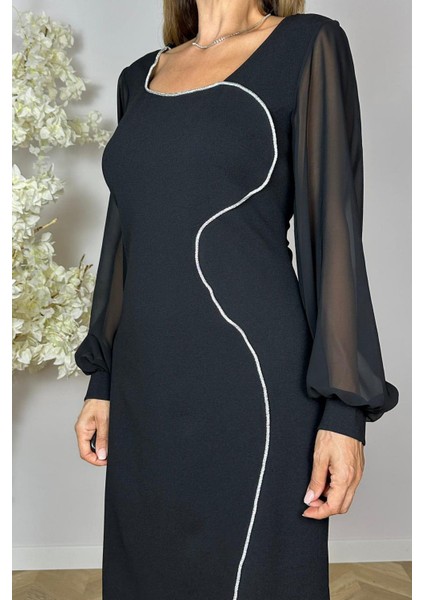G1547 Taş Detaylı Şifon Kol Elbise Siyah indirimleri