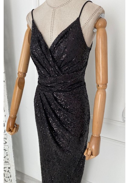 M1747 Maksi Boy Payetli Elbise Siyah indirimleri