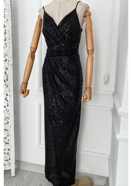 M1747 Maksi Boy Payetli Elbise Siyah