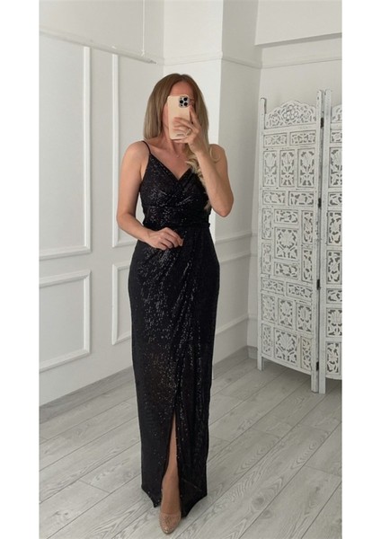 M1747 Maksi Boy Payetli Elbise Siyah