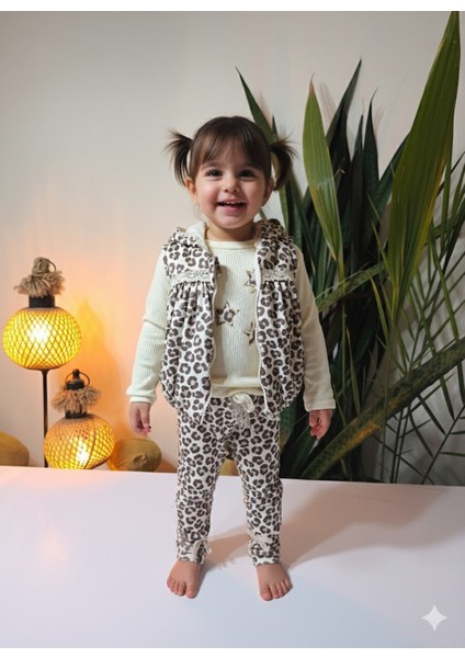 Kız Bebek Leoparlı Kadife Üçlü Takım ( Çıtçıtlısweatshirt+Kadifeyelek+Pantolon)