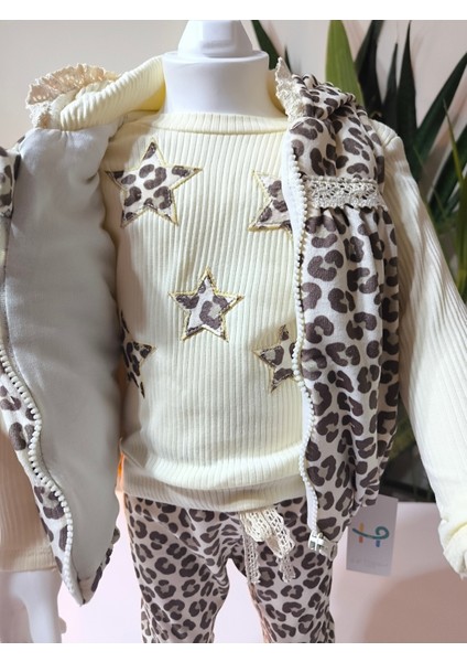 Kız Bebek Leoparlı Kadife Üçlü Takım ( Çıtçıtlısweatshirt+Kadifeyelek+Pantolon)
