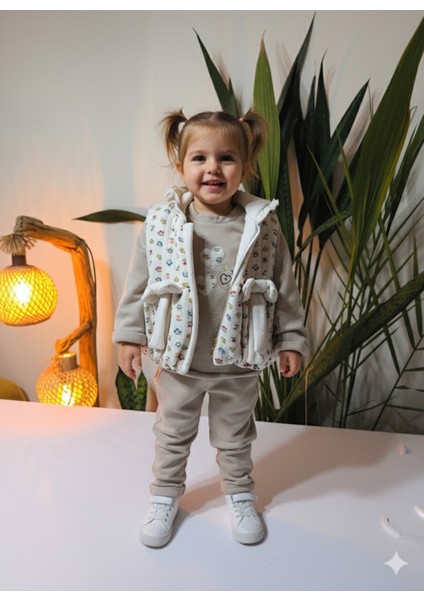Kız Bebek Çiçek Desenli Üçlü Takım (Omuzdan Çıtçıtlısweatshirt+Fiyonklu Kapşonluyelek+Pantolon)