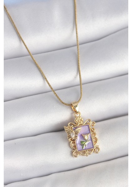 316L Çelik Gold Renk Zincir Mor Mineli Çiçek Işlemeli Zirkon Taşlı Kelebek Detay Portre Model Kadın Kolye - TJ-BKO10190