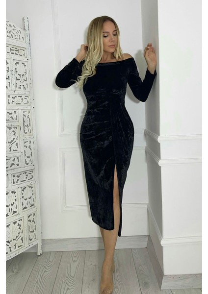 M1969 Kadife Madonna Yaka Elbise Siyah