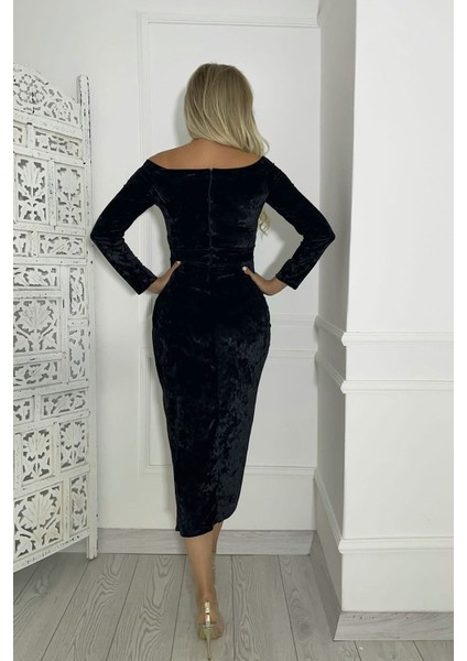 M1969 Kadife Madonna Yaka Elbise Siyah fırsatları