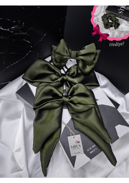 Kadın 3’lü Fiyonk Saç Tokası Seti + Scrunchie Hediyeli - Haki Esintisi