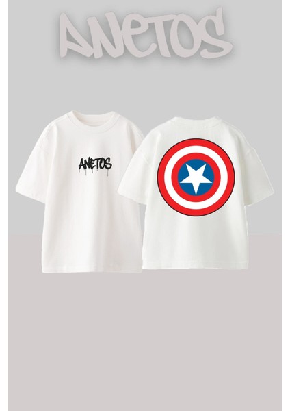 Captaın Amerıka Kalcan Tasarım Sırt Baskılı Pamuk Beyaz Oversize T-Shirt