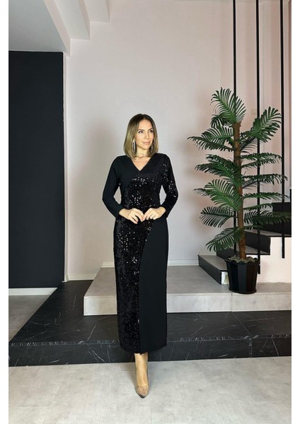 G0735 V Yaka Payet Detaylı Abiye Elbise Siyah modelleri