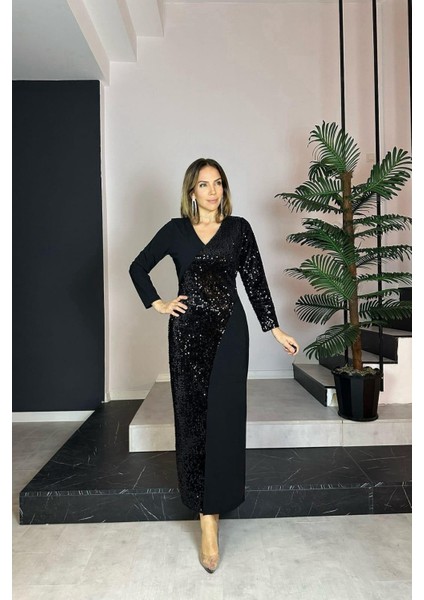 G0735 V Yaka Payet Detaylı Abiye Elbise Siyah fırsatları