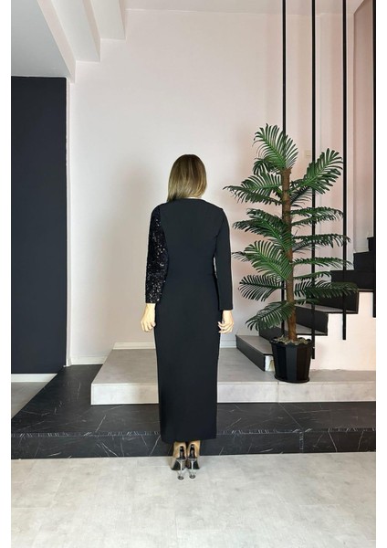 G0735 V Yaka Payet Detaylı Abiye Elbise Siyah indirimleri