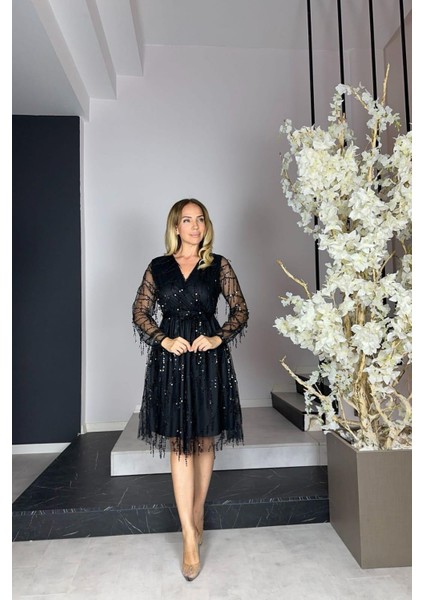 M1877 Kruvaze Yaka Payet Detay Saçaklı Abiye Elbise Dark fırsatları