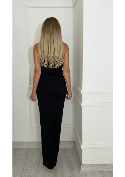 M1894 Asimetrik Yaka Yırtmaçlı Elbise Siyah fiyatları