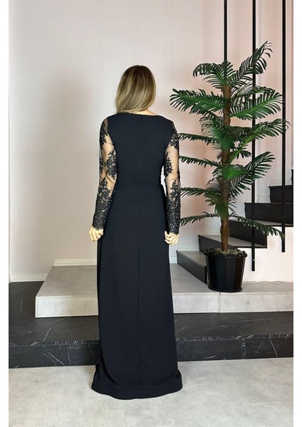 G0807 Dantel Detaylı Maksi Abiye Elbise Siyah fırsatları