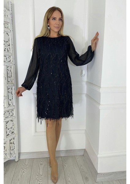 M1878 Payet Detay Abiye Elbise Siyah