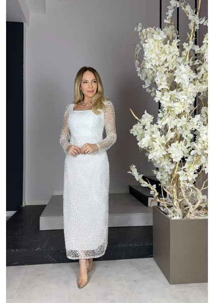 G0882 Kare Yaka Simli Midi Boy Abiye Elbise Beyaz fırsatları