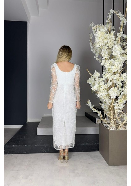 G0882 Kare Yaka Simli Midi Boy Abiye Elbise Beyaz