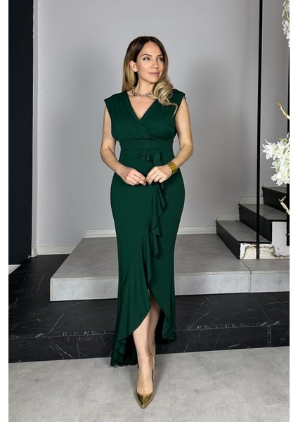 G0964 Volan Detaylı Abiye Elbise Zümrüt indirimleri