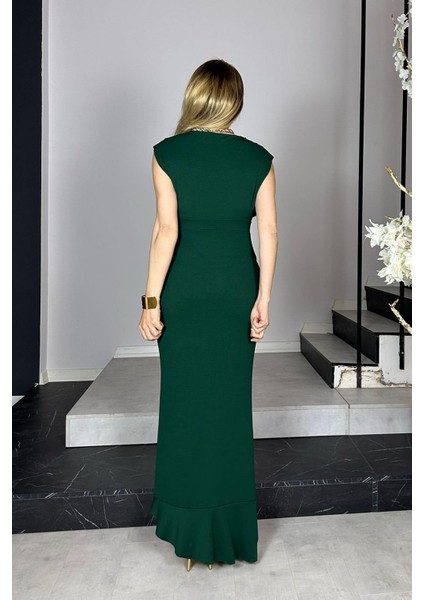 G0964 Volan Detaylı Abiye Elbise Zümrüt